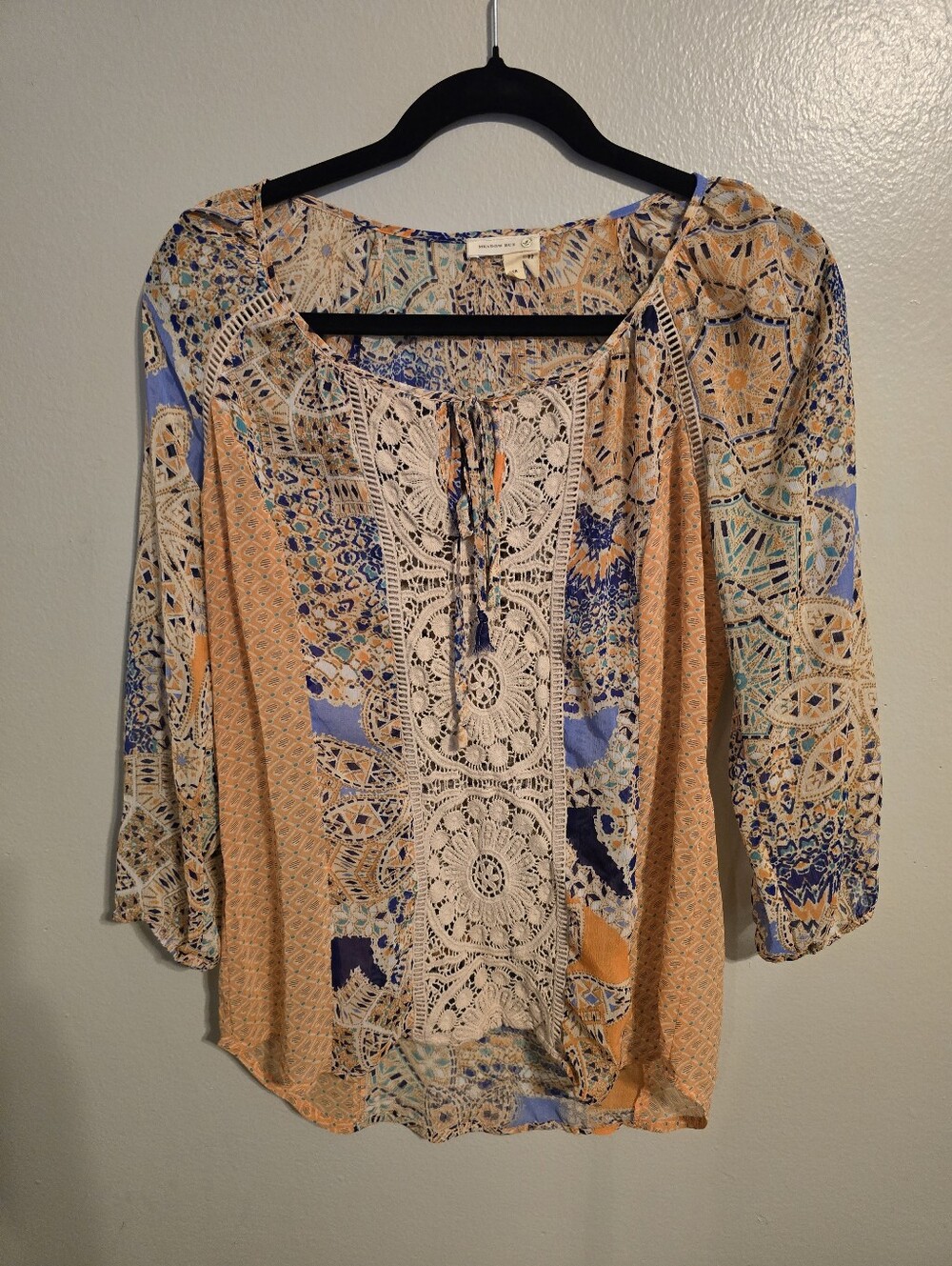 Boho Lace-Trim Peasant Top in Peach and Blue